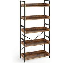 Bookshelf 5 Tier With 4 Hooks, Industrial Wood Bookcase, Vintage Storage Rack With Open Shelves, Rustic Standing Bookshelves Display Rack Living Room, Bedroom, Rustic Brown - Rustic Brown + 5 Tier - 23.6"W - View 1