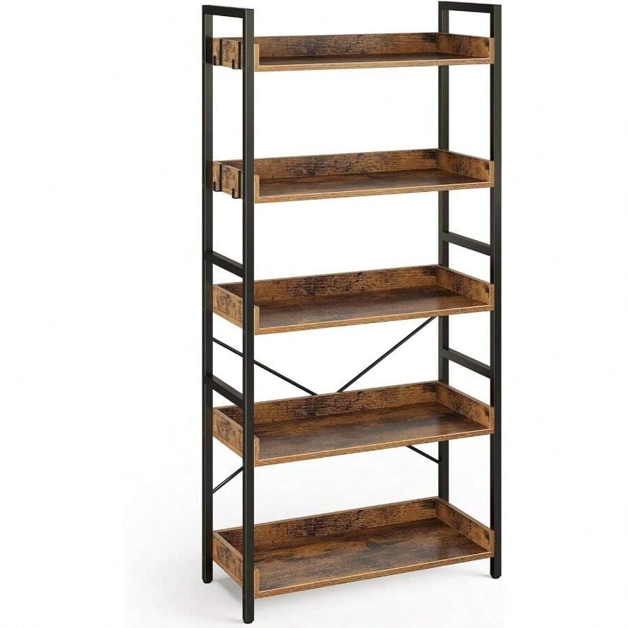 Bookshelf 5 Tier With 4 Hooks, Industrial Wood Bookcase, Vintage Storage Rack With Open Shelves, Rustic Standing Bookshelves Display Rack Living Room, Bedroom, Rustic Brown - Rustic Brown + 5 Tier - 23.6"W - View 1