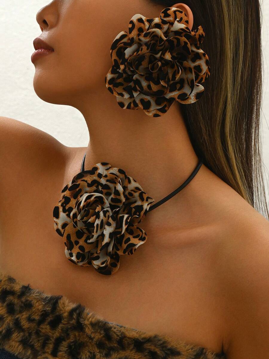 1 Set Vintage Leopard Print Fabric Flower Decor Exaggerated Hoop Earrings & Necklace, Casual & Fashionable European And American Style