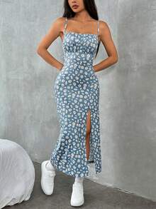 Vestido con estampado de punto, tirantes de espagueti y bajo dividido para mujeres, para vacaciones - Azul - Ver 5