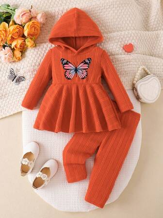 Baby Girls' Casual Elegant Butterfly Print Hooded Long Sleeve Top And Pants Set, Spring/Autumn/Winter