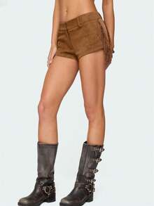 Women Faux Suede Fringe Mini Shorts Y2K Low Rise Tassel Side Micro Shorts Vintage Western Cowgirl Outfit Streetwear - Màu Khaki - Xem 4