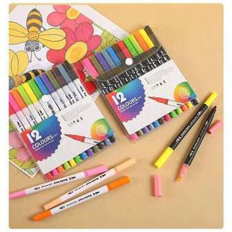 12 Colori Pennarelli a Doppia Punta, Pennarelli per Arte a Punta Fine e Morbida per Adulti e Bambini, per Colorare, Calligrafia, Disegno, Artigianato, Scuola