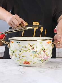 1pc/3pcs High-Temperature Resistant Enamel Coated Soup Pot With Dual Handles, Thick & Large Capacity For Boiling And Stewing, Suitable For Gas Or Electric Stove, Floral And Bird Design, Perfect For Home And Restaurant Kitchen, Holiday Party Gift