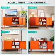 Orange Metal Storage Cabinet With Doors And Shelves,2 Door Wide Metal Locker Accent Storage Cabinet With Leg & Vent Hole,Wide TV Cabinets,Low Side Cupboard For Home,Office,Dining/Living Room - trái cam - Xem 6