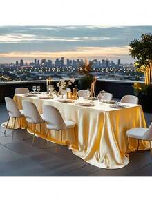 1 Piece Royal Champagne Tablecloth - Elegant Rectangular Tablecloth With Gold Decoration, Machine Made, Anti-Wrinkle Polyester Satin Fabric For Weddings, Birthdays, Parties, Holidays And Special Events - Luxury Table Decor, Party Table Decor, Wedding Tablecloth, Elegant Design, Smooth Texture