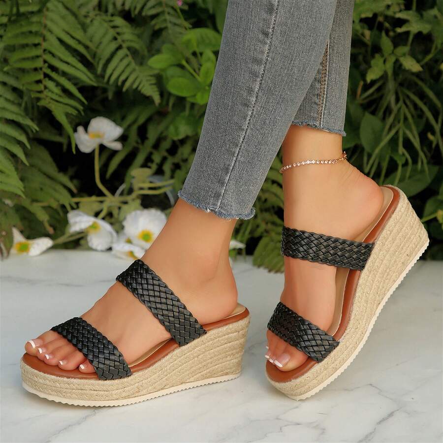 Summer Shoes Outdoor Beach Walking Travel Wedges Heels Platform Sandals For Women Wedge Sandals Open Toe Comfortable Espadrilles - 黑色 - 查看 1
