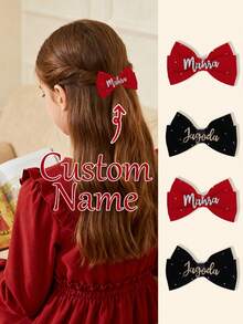 1pc Custom Name Velvet Hair Bow For Girls Elegant Plain Customized Bow Alligator Clip Sparkly Rhinestones Hair Clips Glitter Letter Barrettes Pure Color Hairpins Kids Hair Accessory