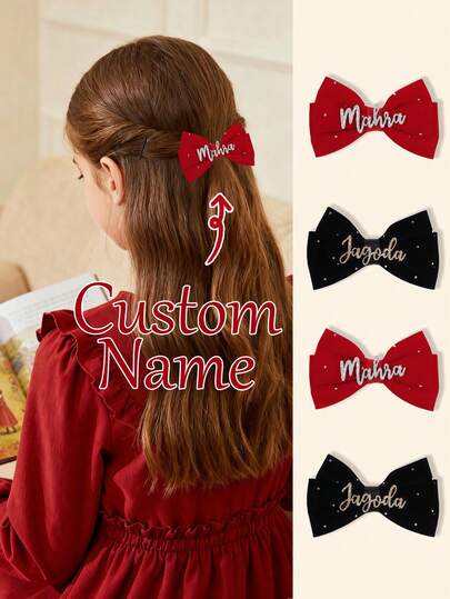 1pc Custom Name Velvet Hair Bow For Girls Elegant Plain Customized Bow Alligator Clip Sparkly Rhinestones Hair Clips Glitter Letter Barrettes Pure Color Hairpins Kids Hair Accessory