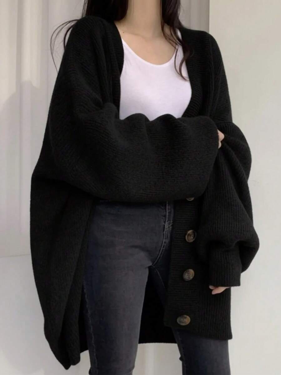 Women's Oversized Chunky Knit Cardigan, Lazy Loungewear Style Fall/Winter Long Outerwear For Daily Commute & Casual Wear - Black - View 1