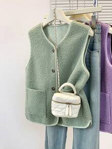 YUXIN 秋冬季女士必备单品！柔软仿羊羔绒无袖开衫背心，配有双口袋，超级保暖，日常百搭。 - 綠色 - 查看 2