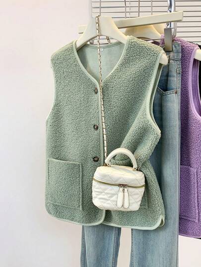 YUXIN Women's Essential Item For Autumn/Winter! Soft Faux Sherpa Sleeveless Cardigan Vest With Dual Pockets, Super Warm And Versatile For Daily Wear