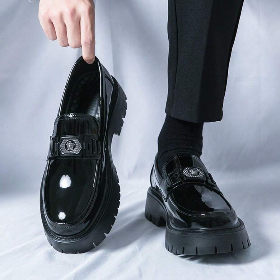 Metal Decorative Buckle Shiny Thick-Soled Loafers - Formal Shoes For Weddings And Parties - Versatile For Daily Wear/Relaxation - Chunky Loafers - New Style - Streetwear Dress Shoes - Men's Business Casual Shoes - Size 40-46 - 黑色 - 查看 1