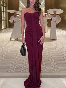 Women's Solid Color Pleated Patchwork Strapless Maxi Dress, Fitted Sexy Elegant Party Gown, Birthday/Evening Wear Wedding Spring - Wine Red - View 5