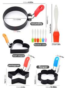 5/2/1 煎蛋圈，带防烫折叠手柄的煎蛋圈，圆形、五角星形、花朵形、心形煎蛋圈，不粘煎蛋圈，适用于家庭厨房烹饪鸡蛋煎炸早餐迷你汉堡，厨房用品，厨房小工具 - 彩色 - 查看 6