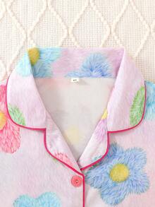 2pcs/Set Girls & Teens Casual Floral Print Lapel Long Sleeve Cardigan And Pants Sleepwear Set, Flame Retardant, All Season