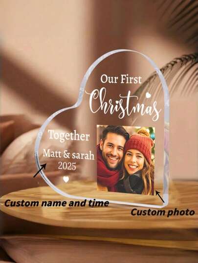 Personalized "Our First Christmas Together" Heart-Shaped Acrylic Display Board - Custom Photo/Text/Name & Date, No Power Required, Wedding/Anniversary Keepsake Gift For Couples, Photo Frame (2025 Example: Matthew & Sarah),Only Acrylic Board, Other Products Are For Display