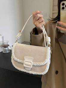 1 件装 时尚米色绒面仿毛皮饰边迷你手提包 女士 - 米色 - 查看 4