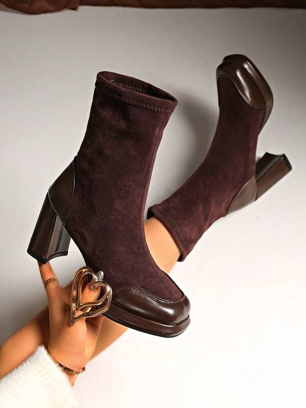 Genuine Fashion Elastic Skinny Boots For Women, Waterproof Platform High Heel Shoes, Autumn/Winter Thick Heel Sock Boots, Patchwork