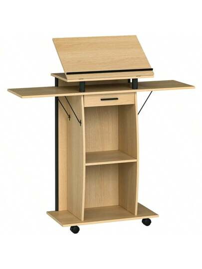 HOMCOM Rollbarer Podium St Lectern Folding Side Wings, Laptop Bureau Drawer Shelves, Oak Look