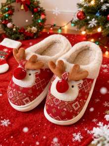 Pantuflas de felpa cálidas con puntera redonda con diseño de reno de dibujos animados, pantuflas interiores lindas con renos, regalo de Navidad a la moda
