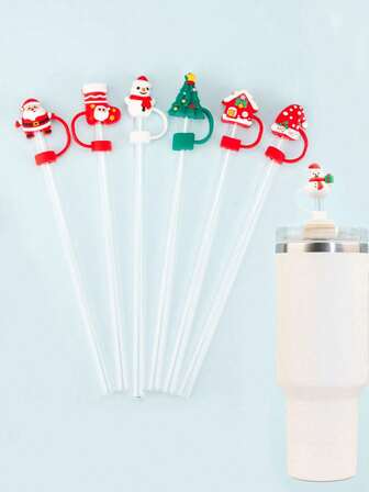 5PCS/6PCS Set 0.4in/10mm Red Christmas Collection Straw Sleeves, Compatible With Stanley Cups, Cup Accessories, Reusable Silicone Straw Sleeves For 10mm Straws,Christmas Gift
