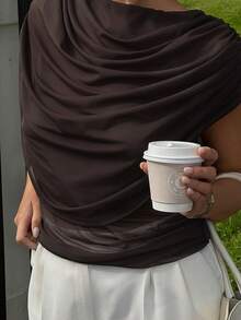 Women Y2k Tops Long Sleeve Fashionable Ruched Autumn Pullover Basic Shirt Stylish Solid Color Slim Versatile Style Winter Blouse For Party Club Daily - marrón oscuro - Ver 5