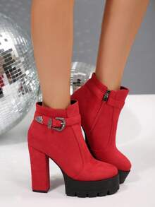 Herbst- und Winterstiefel mit dickem Absatz, wasserdichter Plateau-Rundkappe, seitlichem Reißverschluss, einfarbig, rutschfest und kältebeständig, kurzer Schaft mit Schnallenverschluss, vielseitig einsetzbare Damenstiefel mit hohem Absatz - Rot - Übersicht 7