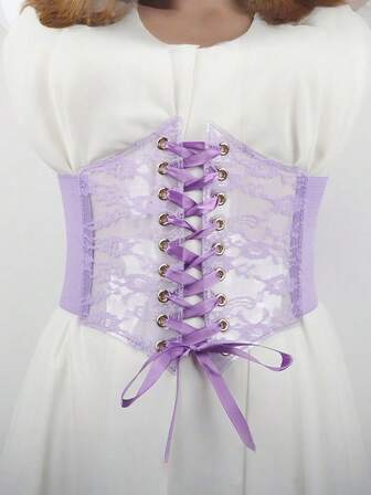 1 件女式可调节蕾丝紧身胸衣，带花卉图案，复古风格褶皱腰带配缎带蝴蝶结，非常适合婚礼、派对和休闲装，蕾丝紧身胸衣