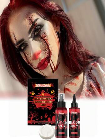 Dowmoo 三件套万圣节假血套装 - 吸血鬼僵尸假血，逼真恐怖妆容道具，趣味派对装饰，适用于主题派对、化装舞会、万圣节、派对礼品。可水洗逼真假血，适用于电影拍摄、恐怖特效化妆套装