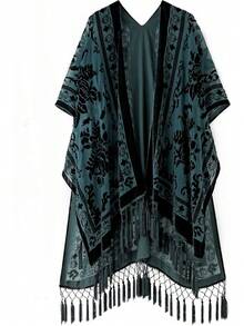 Women's Burnout Velvet Kimono Long Cardigan Cover With Tassel - ((Lá mùa thu) - Xem 7