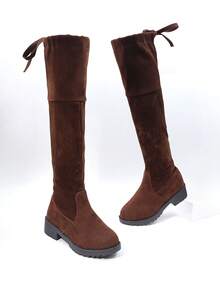 A Pair Of Stylish Over-The-Knee Boots For Girls, Including Black Boots For Girls And Brown Knee-High Boots For Teens. Suitable For Children's Daily Shopping Wear In Autumn And Winter.Parent-Child Outfit