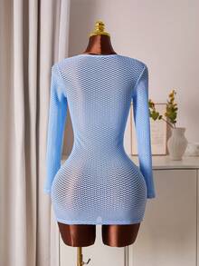 SS26 春夏钩针沙滩装罩衫 V 领淡蓝色长 T 恤连衣裙，适合度假、沙滩装、花园婚礼宾客礼服、优雅女士服装、约会、秋冬季 SS26 春夏沙滩装罩衫 - 藍色 - 查看 7