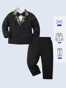 BOARNSEORL 两件套男童绅士西装套装：带蝴蝶结的西装外套和西裤，时尚百搭，适合生日派对、婚礼、周年纪念日、圣诞节等场合。 - 黑色 - 查看 2