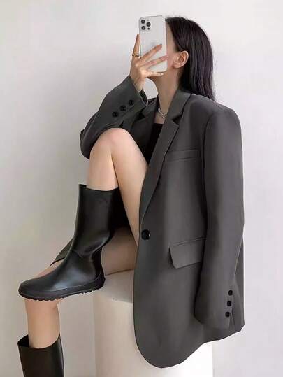 Blazer informal de mujer de solapa única y abotonadura en gris jaspeado