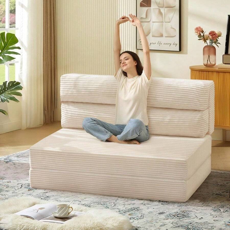 Folding Sofa Bed Convertible Sleeper Chair With Pillow And Foldable Mattress 2-In-1 Pull-Out Loveseat Sofa Portable Fold-Out Chair Bed Comfortable Floor Couch Lounge For Living Room Bedroom Beige Twin Size Ideal For Small Apartments Guest Rooms Or Compact Spaces - 米色 - 查看 1