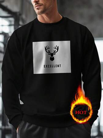 男士纯色文字图形印花圆领宽松羊毛运动衫，伦敦秋冬运动衫纯色保暖内衬运动衫，长袖健身服