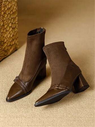 Women's Pointed Toe Elegant Zipper Back Colorblock Chunky Heel Ankle Boots, Available In Black & Brown