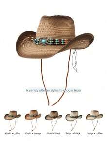 1pc Boho Animal Studded Gemstone Embroidered Teardrop Fedora Hat, Versatile For Daily Wear, Western Themed Events, Parties, Halloween, Carnival,