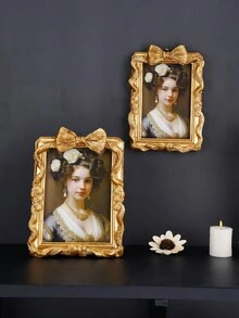 1 szt. Prostokątna dekoracyjna ramka na zdjęcia w stylu europejskim ze złotą kokardą, wygodna ramka do ekspozycji zdjęć na biurku, uniwersalna ramka do dekoracji domu, do montażu na ścianie lub stole, odpowiednia do zdjęć rodzinnych, dekoracji świątecznych i rekwizytów fotograficznych