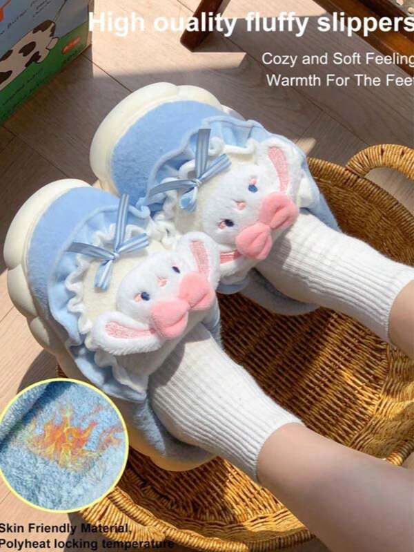 Women's Plush Slippers, Thick Sole Warm Cute Rabbit Ear Trim Slippers, Versatile Indoor Slippers For Students Dormitory, Winter