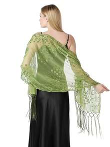 Plus Size Luxury Gold Shawl With Floral Print And Tassel, Polyester, Suitable For Banquet, Date, Evening Party, All Seasons