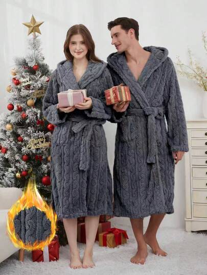 1pc Soft & Comfortable Jacquard Fleece Long Hooded Bathrobe With Pockets, Unisex, Autumn/Winter, Fluffy, Cozy