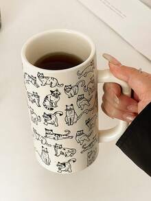 1pc Minimalist Cat Pattern Ceramic Mug, Straight-Sided High Cup With Handle, Large Capacity, Suitable For Home Or Office Use, Can Hold Various Cold And Hot Beverages Like Milk, Coffee, Hot Chocolate, Juice, Latte, Perfect Gift For Family And Friends - Simple Cat Cup-custard - View 11