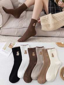 5 Pairs Women's Bear Pattern Mid-Calf Socks, Casual/Preppy Style Short Socks, Assorted Colors, Spring/Summer - Multicolor - View 3