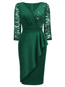 MIUSOL Woman's Elegant V-Neck Sequin Floral Lace Midi Dress, Ruched Waist, Contrast Ruffle Trim Wrap Hem 3/4 Sleeve Cocktail Party Fitted Dress, For Wedding - 墨綠色 - 查看 7