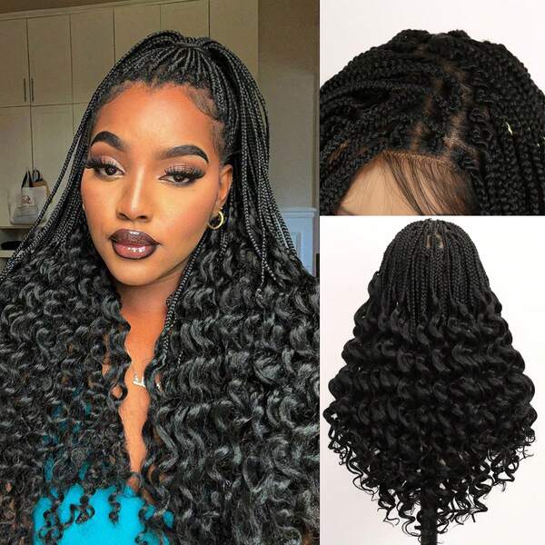 双层全蕾丝假发，盒式辫假发，卷发尾，无缝方形分缝编织假发，美人鱼辫假发，带婴儿发，日常佩戴合成假发