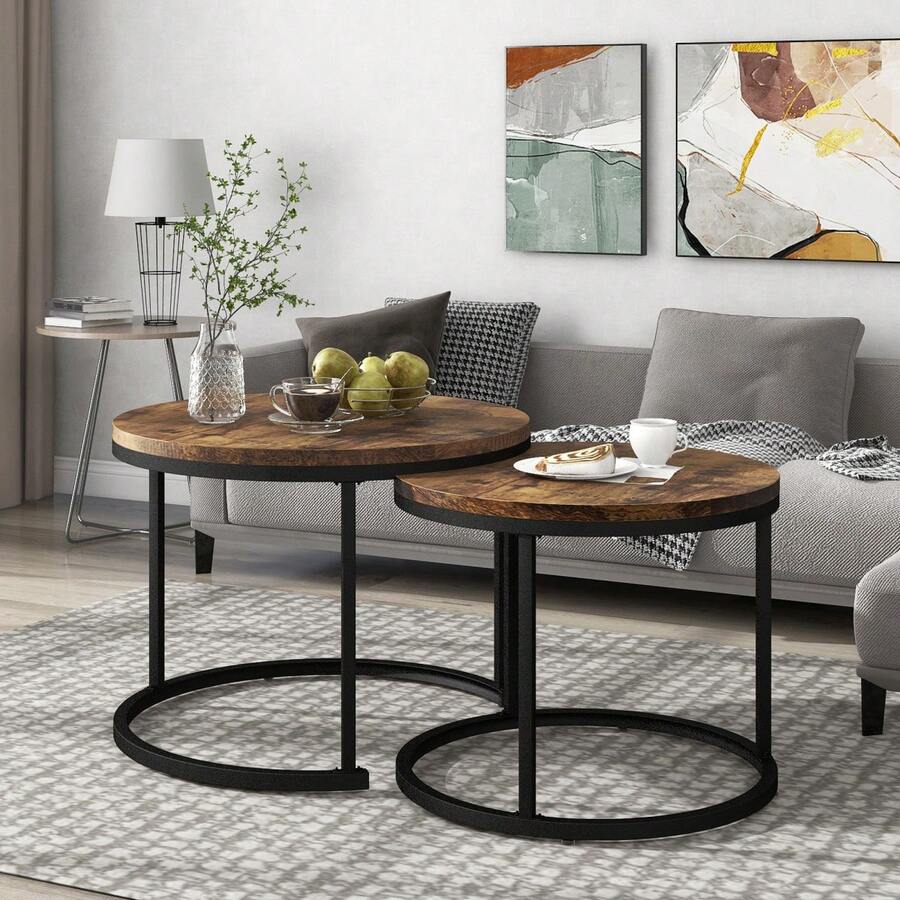 Set Of 2 Round Coffee Tables, Living Room Coffee Table Set, Nesting Round Side Table, 2 Round Side Tables (Brown) - Brown + MDF - View 1