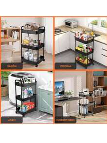 Carrito organizador plástico de 3 niveles, versátil con ruedas para cocina, baño, oficina y sala, fácil de armar, móvil y multifuncional, ideal para jóvenes, carrito de maquillaje, organizador de pañales y más - Negro - Ver 7