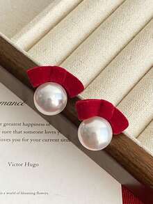 一对复古酒红色天鹅绒蝴蝶结仿珍珠耳环，优雅的秋冬、新年、圣诞节饰品 - 紅色 - 查看 2